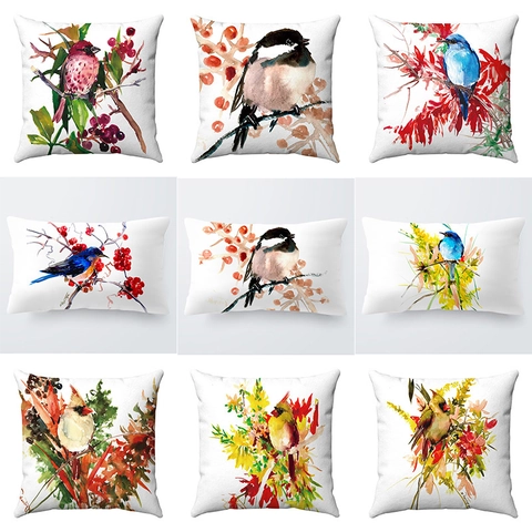 Aquarel Vogel Tak Patroon Kort Pluche Decoratieve Kussensloop Rustieke Botanische Kussenhoes Voor Sofa Home Decor