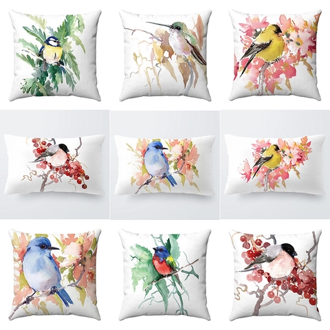 Housse de Coussin Peluche Courte Imprimé Fleur Oiseau Jungle Taie d'Oreiller Pour Salon Chambre Canapé Home Decor