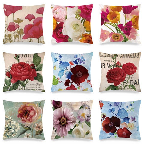 Kissenbezug Blumenmuster KunstSatin Vintage Quadratisch Dekokissen Hülle Sofa Couch Wohnzimmer Ölgemälde Stil Retro