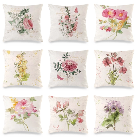 Aquarel Bloemen Kussenhoes KunstSatijn Vintage Botanische Roos Vlinder Print Decoratieve Kussensloop Voor Bank Huis Decoratie