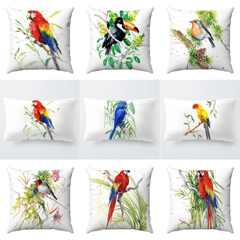 Aquarell Vogel Papagei Kolibri Floral Kissenbezug Kurzplüsch Weicher Dekorativer Kissenhülle Wohnzimmer Schlafzimmer