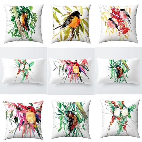 Aquarel Vogel Artistiek Kussenhoes Zacht Kort Pluche Vierkant Rechthoekig Decoratief Kussenhoes Voor Thuis Bank Woonkamer Decor