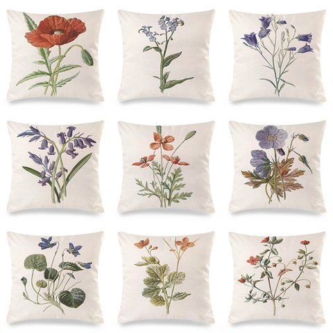 Vintage Botanical Floral Print Satin Square Cushion Cover For Sofa Decorative Throw Pillow Case Living Room Home Decor
