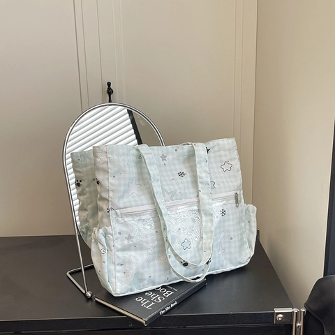 Sac Cabas Kawaii À Carreaux Vichy En Nylon Grande Capacité Sac À Épaule Avec Poche Transparente Imprimé Étoiles Pour Femmes