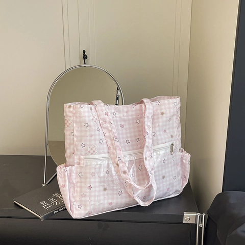 Sac Cabas Kawaii À Carreaux Vichy En Nylon Grande Capacité Sac À Épaule Avec Poche Transparente Imprimé Étoiles Pour Femmes