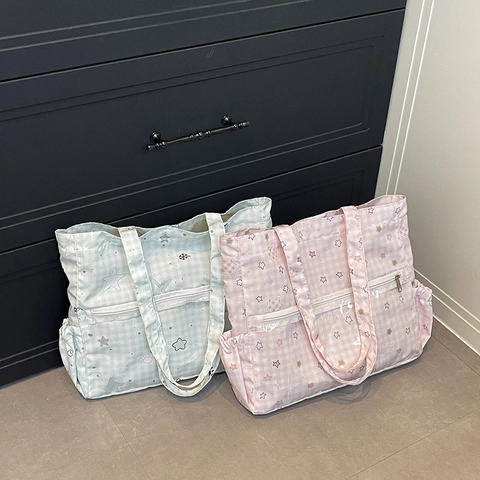 Borsa Tote in PU Stile Anime Giapponese con Stampa Orso Stella a Quadretti Grande Capacità Borsa a Tracolla Donna Casual