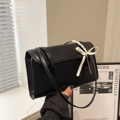 Women Bowknot Shoulder Bag Elegant Solid Color PU Leather Underarm Bag Minimalist Handbag For Daily Fashion Lady Purses