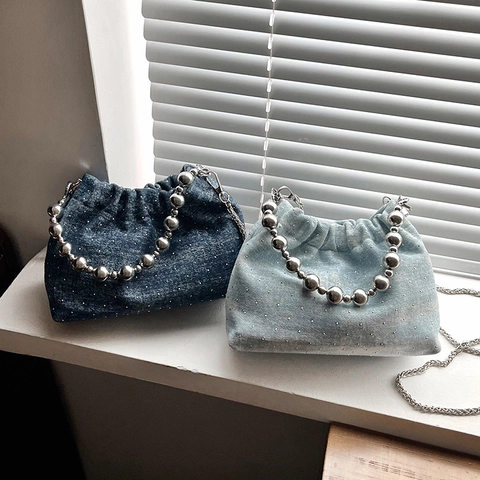 Borsa A Secchiello In Denim Con Strass Manico In Perle Di Metallo Argentato E Tracolla A Catena Borsa A Mano Con Coulisse