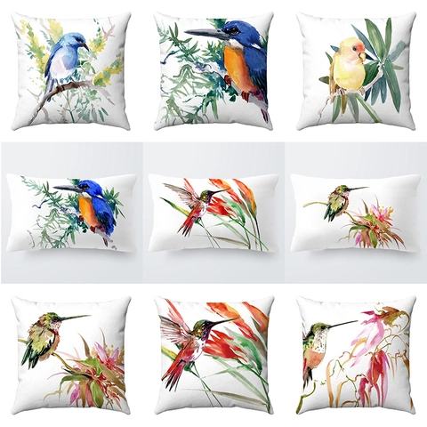 Aquarell Vogel Blume Muster Kurzplüsch Deko Kissenhülle Künstlerischer Kissenbezug Für Sofa Bett Wohnzimmer Home Decor