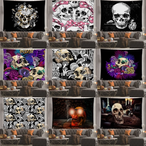 Gothic Skeleton Tapestry Halloween Wall Hanging Polyester Mushroom Floral Mystery Skull Background Cloth For Living Room Decor