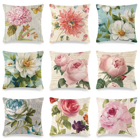 Funda de Cojín de Satén con Flores de Rosa en Acuarela Vintage Funda de Almohada Cuadrada Decorativa para Sofá Hogar Sala de Estar Dormitorio