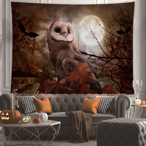Halloween Owl Raven Forest Moon Tapestry Wall Hanging Gothic Dark Night Polyester Decorative Cloth For Bedroom Living Room Decor