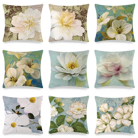 Vintage Satin Floral Throw Pillow Case Oil Painting Magnolia Peony Cushion Cover For Sofa Living Room Decor No Insert