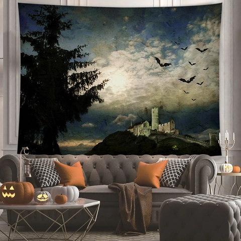 Arazzo Halloween Da Parete Poliestere Orrore Gotico Castello Zucca Foresta Nebbiosa Fantasia Decorazione Festa