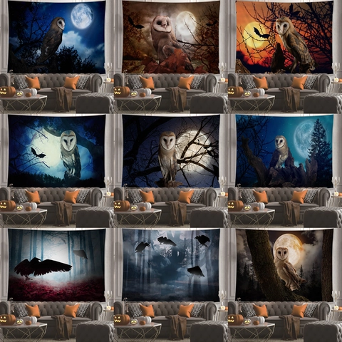 Halloween Owl Raven Forest Moon Tapestry Wall Hanging Gothic Dark Night Polyester Decorative Cloth For Bedroom Living Room Decor