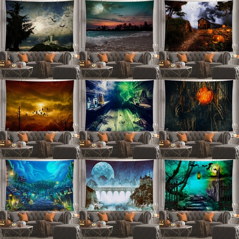 Arazzo Halloween Da Parete Poliestere Orrore Gotico Castello Zucca Foresta Nebbiosa Fantasia Decorazione Festa