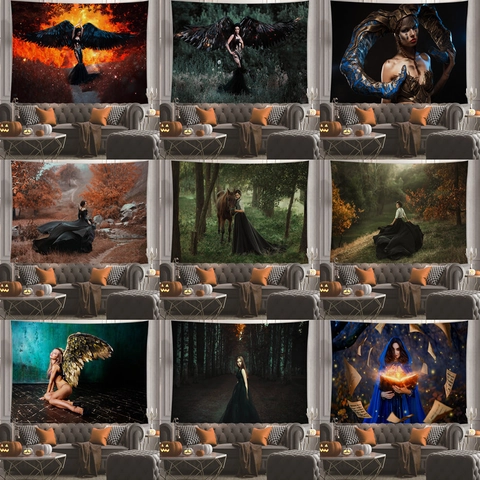 Halloween Sombre Fantaisie Forêt Femme Tapisserie Murale Gothique Ange Sorcière Livre Magique Impression 3D Décoration Maison Art
