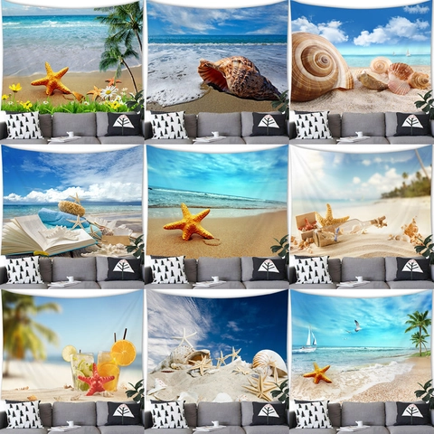 Arazzo Paesaggio Tropicale Spiaggia Stile Mediterraneo Poliestere Appeso a Parete Oceano Stella Marina Conchiglia Stampa Tessuto Decorativo Casa