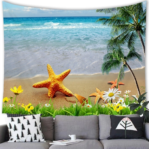 Arazzo Paesaggio Tropicale Spiaggia Stile Mediterraneo Poliestere Appeso a Parete Oceano Stella Marina Conchiglia Stampa Tessuto Decorativo Casa
