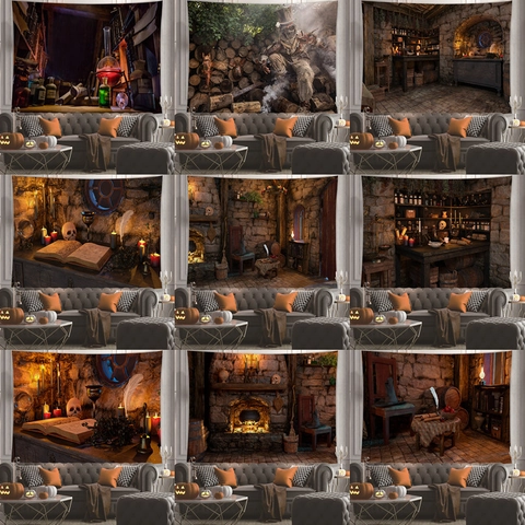Halloween Wizard Witch House Tapestry Polyester Alchemy Lab Wall Hanging Retro Magic Room Decor Gothic Party Backdrop