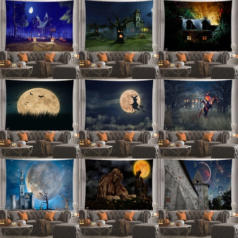 Halloween Tapestry Haunted Castle Moon Pumpkin Pattern Polyester Fabric For Home Bedroom Living Room Party Backdrop Decor