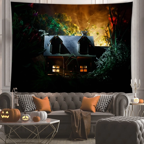 Halloween Tapestry Haunted Castle Moon Pumpkin Pattern Polyester Fabric For Home Bedroom Living Room Party Backdrop Decor