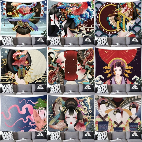 Japanese Ukiyo-e Tapestry Wall Hanging Geisha Koi Retro Art Background Cloth For Living Room Bedroom Home Decoration