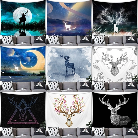 Arazzo Da Parete Cervo Alce Poliestere Stampa Celestiale Luna Geometrico Bohemien Stile Nordico Decorazione Soggiorno Camera
