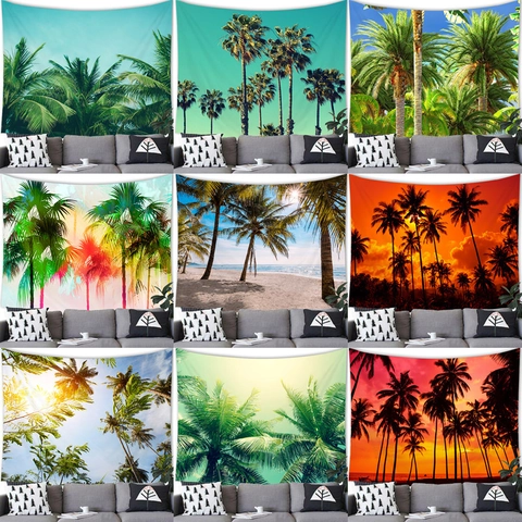 Arazzo Tropicale Con Albero di Cocco Paesaggio Spiaggia Tramonto Decorazione da Parete in Tessuto Poliestere per Soggiorno Camera da Letto