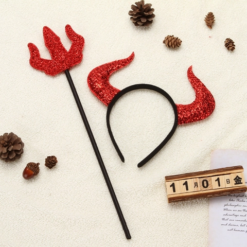 Rote Pailletten Halloween Dämon Teufelshörner Haarreif Und Dreizack Cosplay Zubehör Party Requisiten