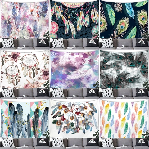 Bohemian Dreamcatcher Feather Wall Hanging Tapestry Polyester Decorative Art Blanket For Living Room Bedroom Dorm Decor