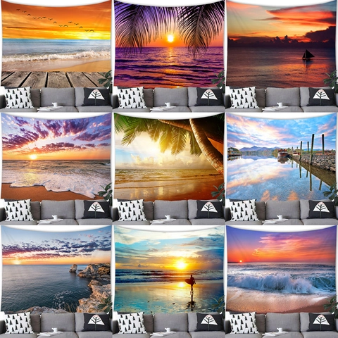 Tapiz De Pared Con Paisaje De Playa Al Atardecer Poliéster Decoración De Pared Palmeras Tropicales Para Sala