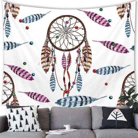 Bohemian Dreamcatcher Feather Wall Hanging Tapestry Polyester Decorative Art Blanket For Living Room Bedroom Dorm Decor