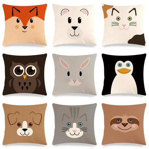 Cartoon Tier Gesicht Leinen Kissenbezug Quadratische Dekorative Kissenhülle Für Sofa Wohnzimmer Deko Ohne Füllung