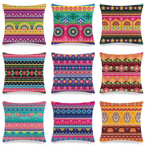 Funda De Cojín Cuadrada De Lino Patrón Étnico Bohemio Mandala Funda De Almohada Decorativa Para Sofá Hogar