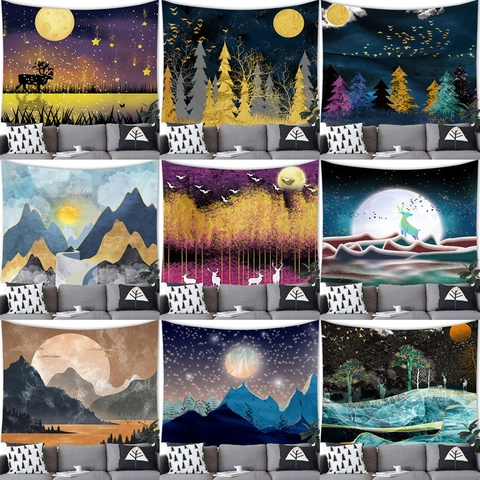 Wall Tapestry Landscape Oil Painting Style Polyester Fabric Hanging Decor Starry Sky Mountain Forest Deer Nordic Abstract