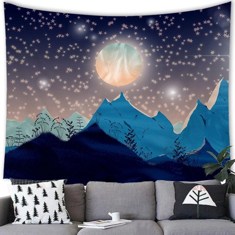 Wall Tapestry Landscape Oil Painting Style Polyester Fabric Hanging Decor Starry Sky Mountain Forest Deer Nordic Abstract