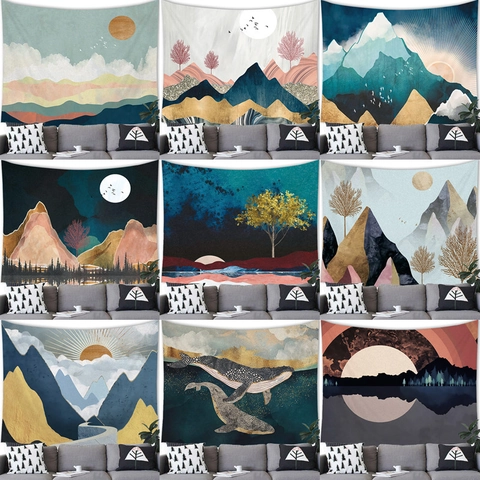 Abstract Landscape Wall Hanging Tapestry Polyester 3D Printed Mountain Sun Moon Nordic Style Home Decor Background Cloth