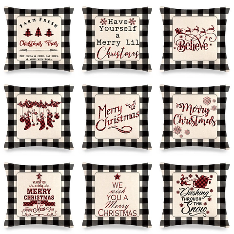 Taie d'Oreiller de Noël à Carreaux Buffalo en Lin Housse de Coussin Avec Sapin de Noël Renne Flocons de Neige Décor
