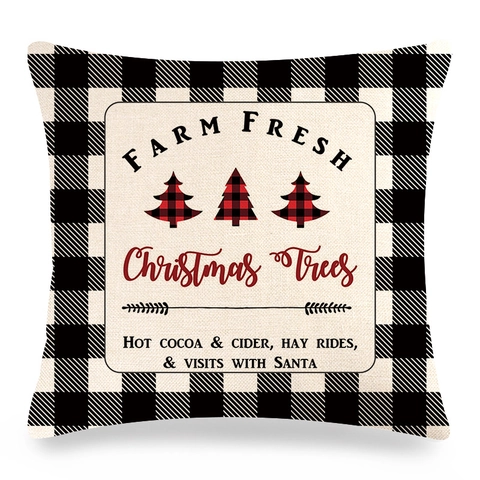 Taie d'Oreiller de Noël à Carreaux Buffalo en Lin Housse de Coussin Avec Sapin de Noël Renne Flocons de Neige Décor