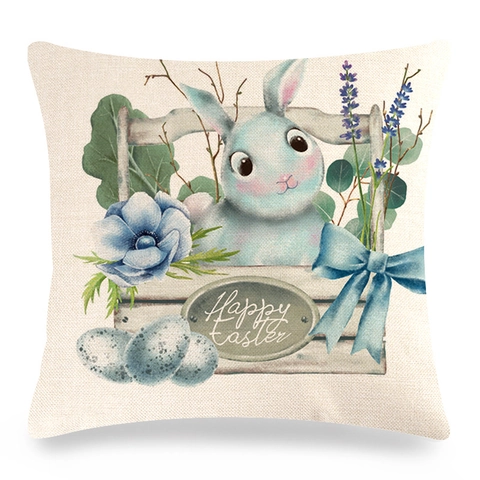 Easter Theme Cartoon Linen Throw Pillow Case Watercolor Rabbit Egg Floral Print Square Decorative Cushion Cover For Home Sofa