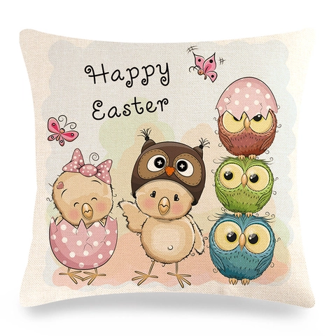 Pasen Kussenhoes Linnen Vierkante Kussensloop Cartoon Kuiken Konijn Ei Uil Patroon Home Sofa Decoratief