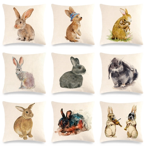 Easter Rabbit Linen Pillowcase Watercolour Bunny Cushion Cover Decorative Square Throw Pillow Case For Sofa Home Decor