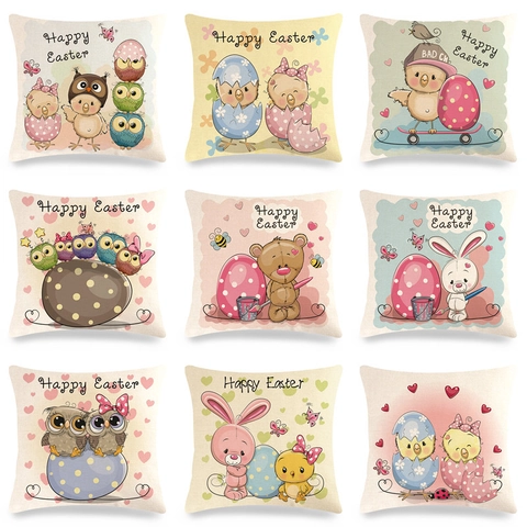 Pasen Kussenhoes Linnen Vierkante Kussensloop Cartoon Kuiken Konijn Ei Uil Patroon Home Sofa Decoratief