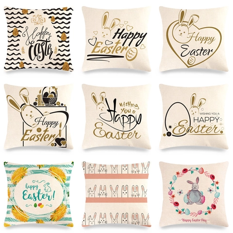 Pasen Cartoon Konijn Linnen Kussensloop Vierkante Decoratieve Kussenhoes Met Happy Easter Bloemen Konijn Voor Woonkamer Bank Home Decor