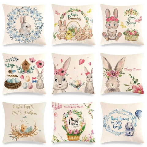 Ostern Hase Bunte Eier Leinen Kissenbezug Aquarell Kaninchen Blume Kissenhülle Für Sofa Wohnzimmer Landhaus Deko