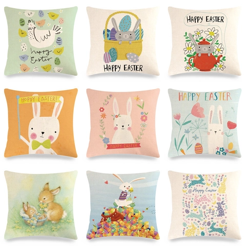 Ostern Cartoon Hase Kaninchen Leinen Kissenbezug Ei Blumenmuster Quadratisch Deko Kissenhülle Für Sofa Wohnzimmer Home Dekor
