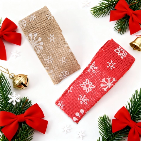 Nastro in Juta Stampato con Fiocchi di Neve per Decorazioni Albero di Natale Confezioni Regalo Nastro in Lino Naturale