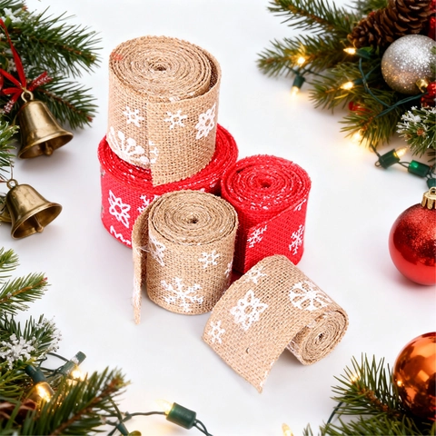 Christmas Snowflake Print Burlap Ribbon For Tree Decoration Rustic Linen Ribbon DIY Bow Ribbon Red Natural Color Ribbon