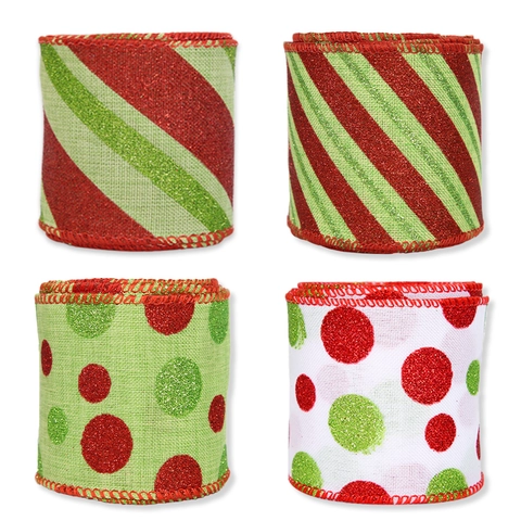 Christmas Glitter Wired Edge Nylon Ribbon Red Green White Stripes Polka Dots For Christmas Tree Wreath Gift Wrapping DIY Crafts Holiday Party Decor